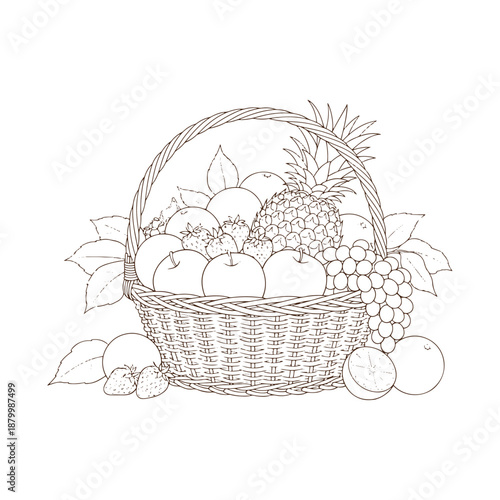 Fresh fruit basket with variety of fruits and leaves