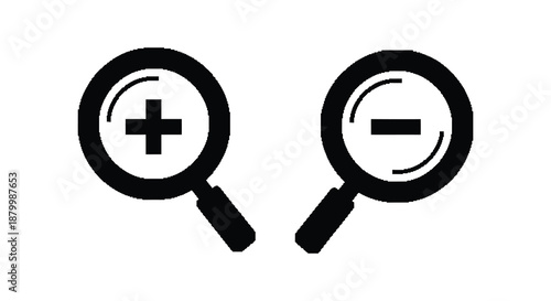 a pair of magnifying glasses with plus and minus signs silhouette high quality professional detailed modern elegant stylish clean crisp vibrant