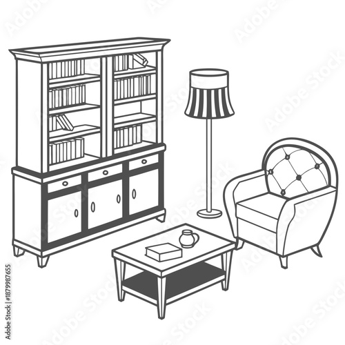 Cozy living room setup with bookshelf and armchair