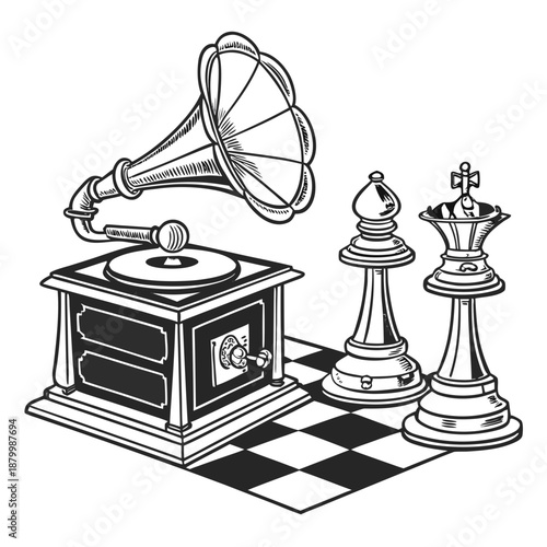 Vintage gramophone beside chess pieces