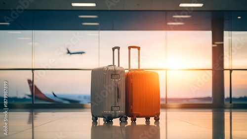 Two suitcases in an airport terminal with a plane taking off at sunset