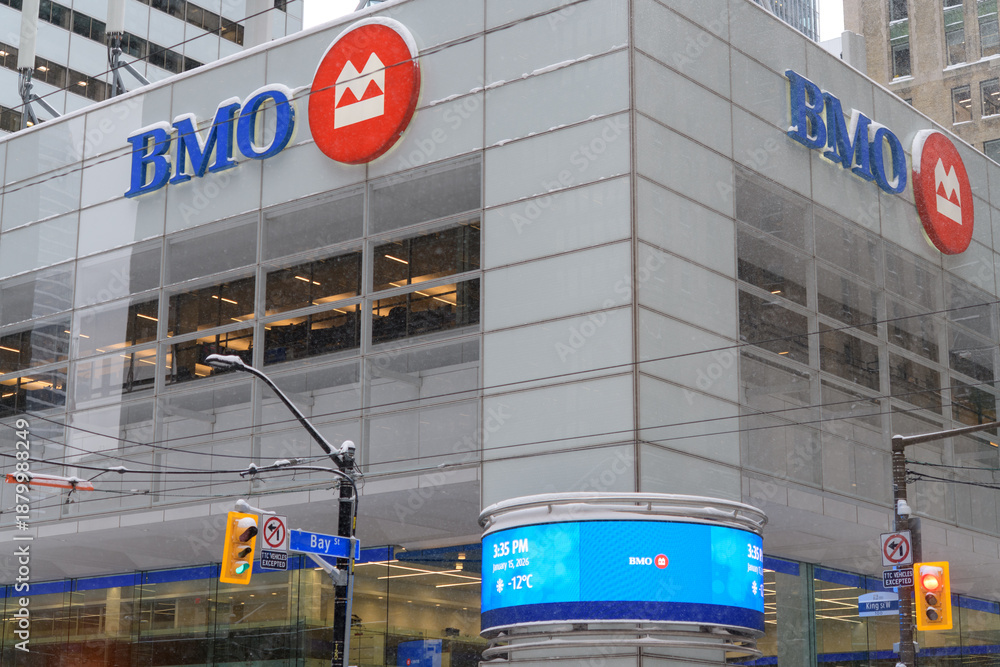 Obraz premium BMO Group corporate logo outside First Canadian Place, 100 King St W, Toronto
