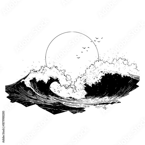 Monochromatic ocean wave illustration with birds and setting sun artistic design element vector art 100