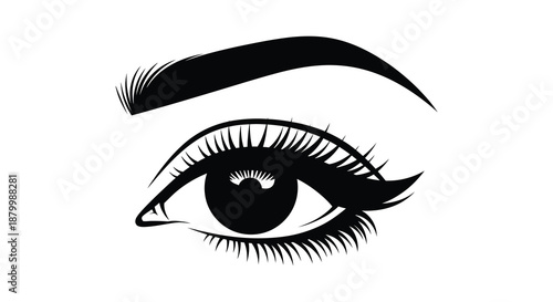 A striking close up of a single human eye with detailed lashes and a defined eyebrow presented as a bold silhouette