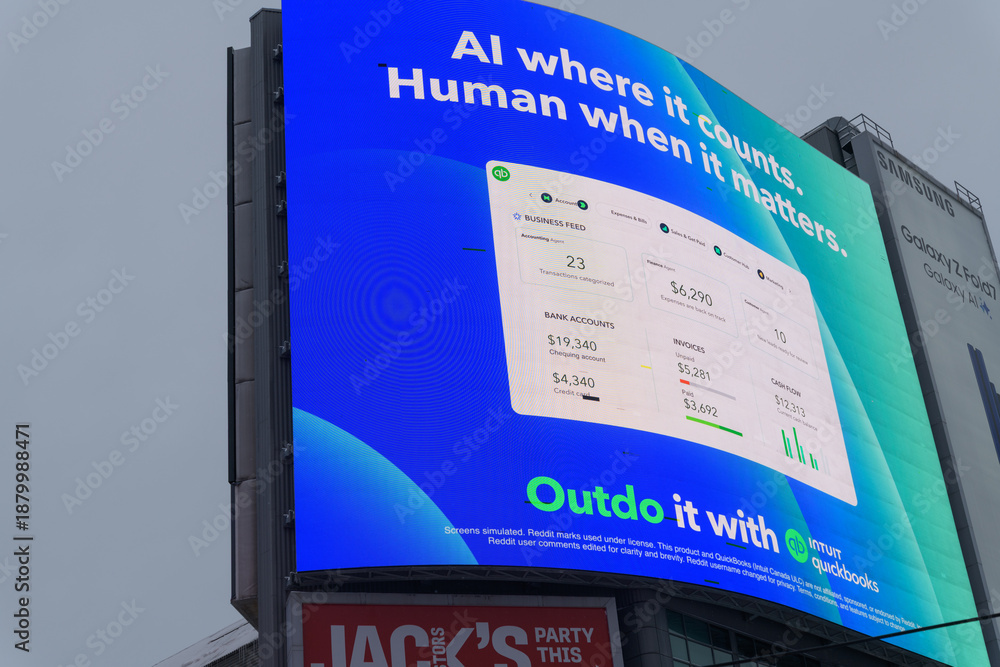 Naklejka premium digital ad for Intuit Quickbooks (Canada) on display at Sankofa Square, Toronto
