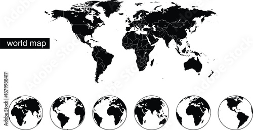 Black and white world map with country borders, global geography illustration, educational vector, continents and regions, globe perspective views