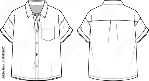 Technical flat sketch of a women's oversized short sleeve button down shirt with chest pocket and back pleat detail vector