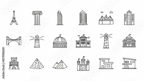 Collection of Hand Drawn Architectural Landmarks and Buildings.