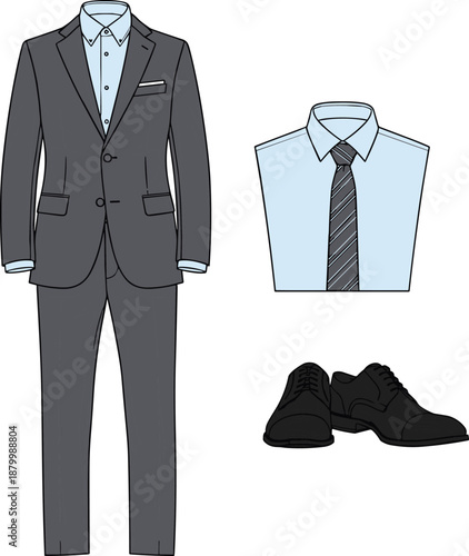 Illustration of formal men’s outfit including suit, dress shirt, tie, pocket square, and shoes in classic style