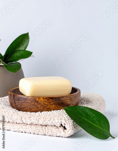 Natural soap on folded towel with green leaves and wooden bowl, spa still life