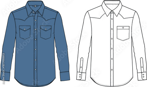 Illustration of long-sleeve button-up shirts with pockets, collars, cuffs, and stitching in color and outline style