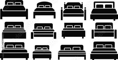 Silhouette icons of various bed designs with different headboards, frames, and pillow styles in black and white