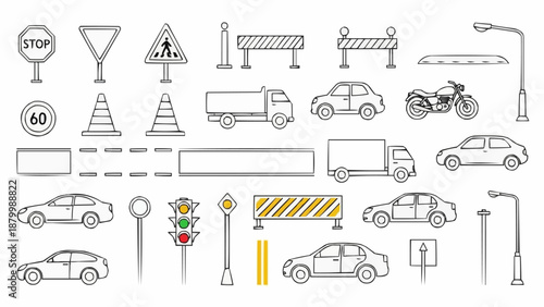 Collection of traffic signs and vehicles hand-drawn sketch style.