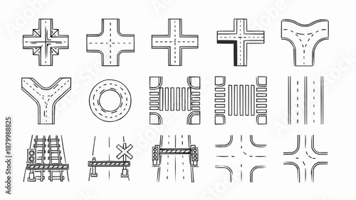 Collection of road intersection designs and traffic elements.