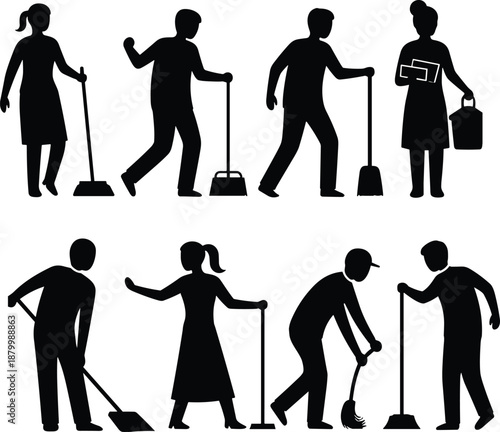 Silhouette illustration of eight people performing various cleaning tasks with tools like broom, mop, bucket, and dustpan