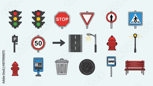 Collection of traffic and street signs and objects.