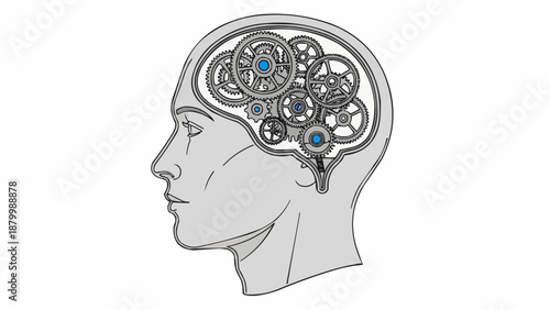 Human Head Silhouette with Mechanical Brain Gears Inside.