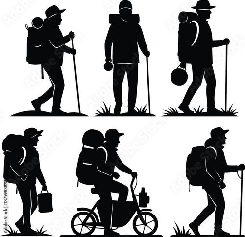 Silhouette illustration of hikers and campers with gear in various outdoor poses including walking, cycling, and carrying items