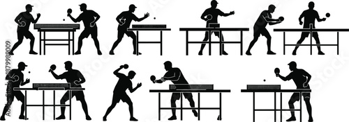 Silhouette illustration of table tennis players in dynamic poses with rackets and ball across ping pong table