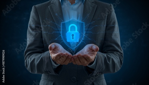 Businessman presenting digital shield with glowing padlock icon for robust cybersecurity