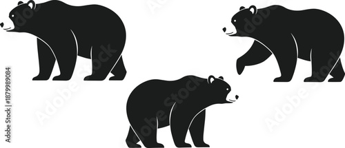 Stylized black bear silhouette illustrations in different walking and standing poses with minimal white accent details