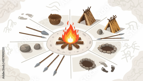 Ancient Campfire Scene with Tools and Tents.