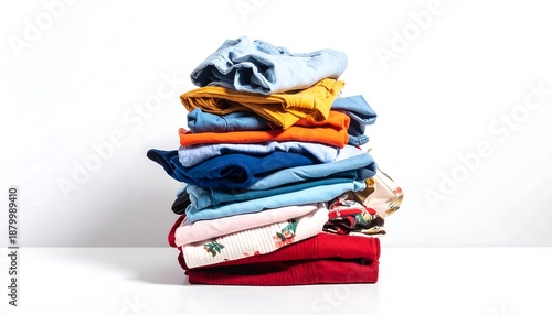 A neat stack of colorful folded clothes on a white background.