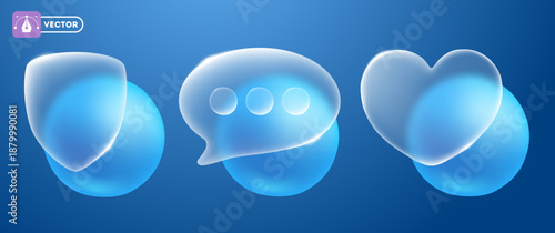 Set of labels or buttons with blue spheres and transparent icons with glassmorphism effect. Shield, speech bubble and heart sign. Protection, support and love concept. Vector illustration