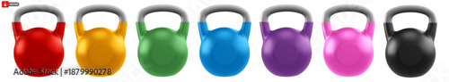 Set of kettlebells of different colors. 3d realistic gym heavy weights, isolated on transparent background. Sport equipment. Vector illustration