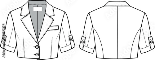 Women Cropped Blazer Jacket Vector Illustration with Short Sleeves Button Tabs Notched Lapel and Chest Pocket Technical Fashion Flat Sketch