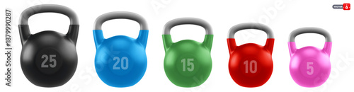 Set of kettlebells of different colors and weights. 3d realistic gym heavy weights, isolated on transparent background. Sport equipment. Vector illustration