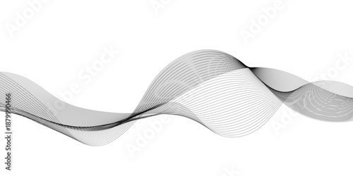 Stylized modern abstract wave design with gray flowing curved lines on a white background, featuring smooth layered transparency, digital motion energy, and a tech business-friendly vector look