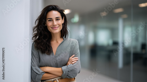 Ultra-realistic premium lifestyle portrait of a confident professional woman (late 30s-50s) standing in a contemporary office hallway with glass panels and soft neutral architectur