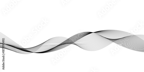 Stylized modern abstract wave design with gray flowing curved lines on a white background, featuring smooth layered transparency, digital motion energy, and a tech business-friendly vector look