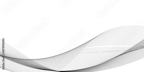 Stylized modern abstract wave design with gray flowing curved lines on a white background, featuring smooth layered transparency, digital motion energy, and a tech business-friendly vector look