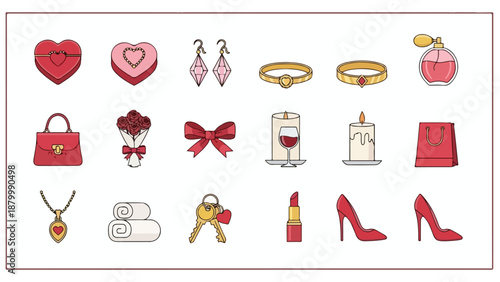 Flat lay of various Valentine's Day gifts and symbols, including jewelry, cosmetics, and decorations, arranged on a clean white background with a predominantly red color scheme.