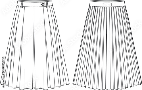 Women Pleated Skirt Vector Illustration with Box Pleat and Sunray Detail Technical Sketch Flat Lay for Fashion Design Tech Pack