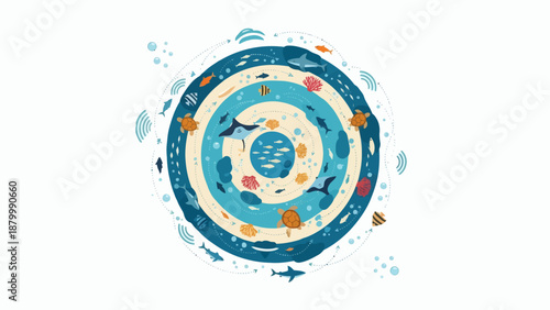 Circular illustration of ocean life and layers.