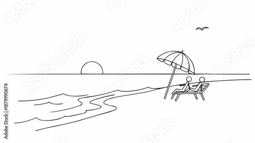 Couple relaxing on beach chairs under umbrella watching sunset.