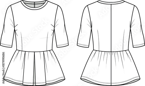 Women Peplum Top Technical Sketch with Elbow Sleeves and Pleated Hem Detail Vector Illustration for Fashion Design Apparel CAD Template