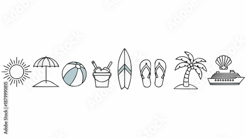 Collection of summer vacation and beach icons in simple line art style.