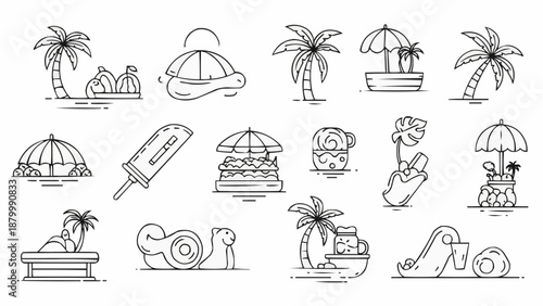 Collection of Summer Vacation and Beach Icons Line Art.