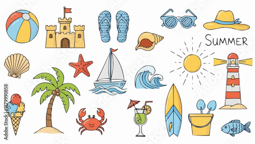 Collection of Summer Vacation and Beach Icons.