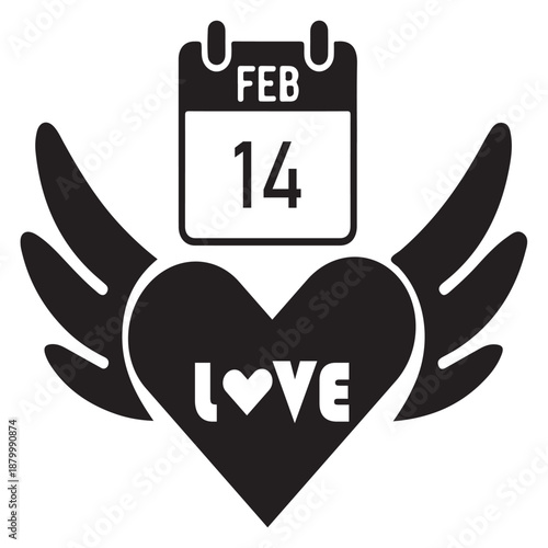 "Valentine's Day Heart with Wings – Black Love Icon Featuring 'LOVE' Text & Feb 14 Calendar Symbol"