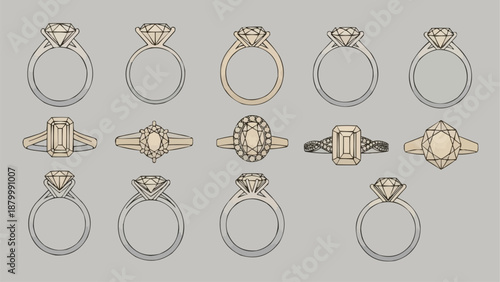 Collection of various diamond engagement rings displayed in a grid.
