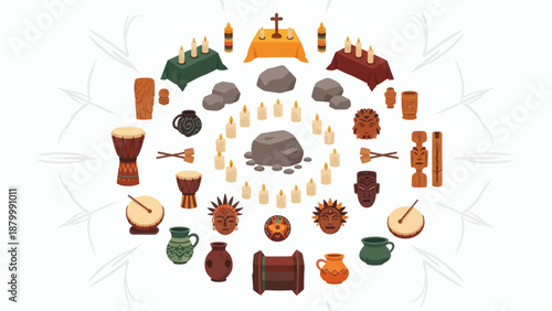 Collection of Ritualistic Objects and Musical Instruments Arranged in a Circular Pattern.