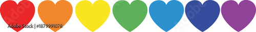 Rainbow colored hearts in a row, symbolizing love and diversity, viewed from a straightforward perspective