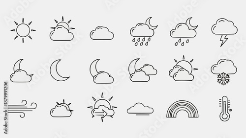 Collection of weather icons for forecasting and meteorology.