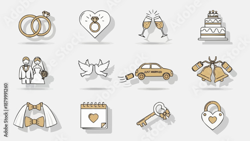 Collection of wedding icons and symbols for celebrations.