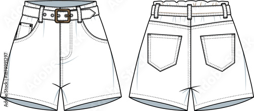 Women's High Waisted Paperbag Denim Shorts Technical Fashion Illustration Vector Flat Sketch with Belt and Patch Pockets for Apparel Design
